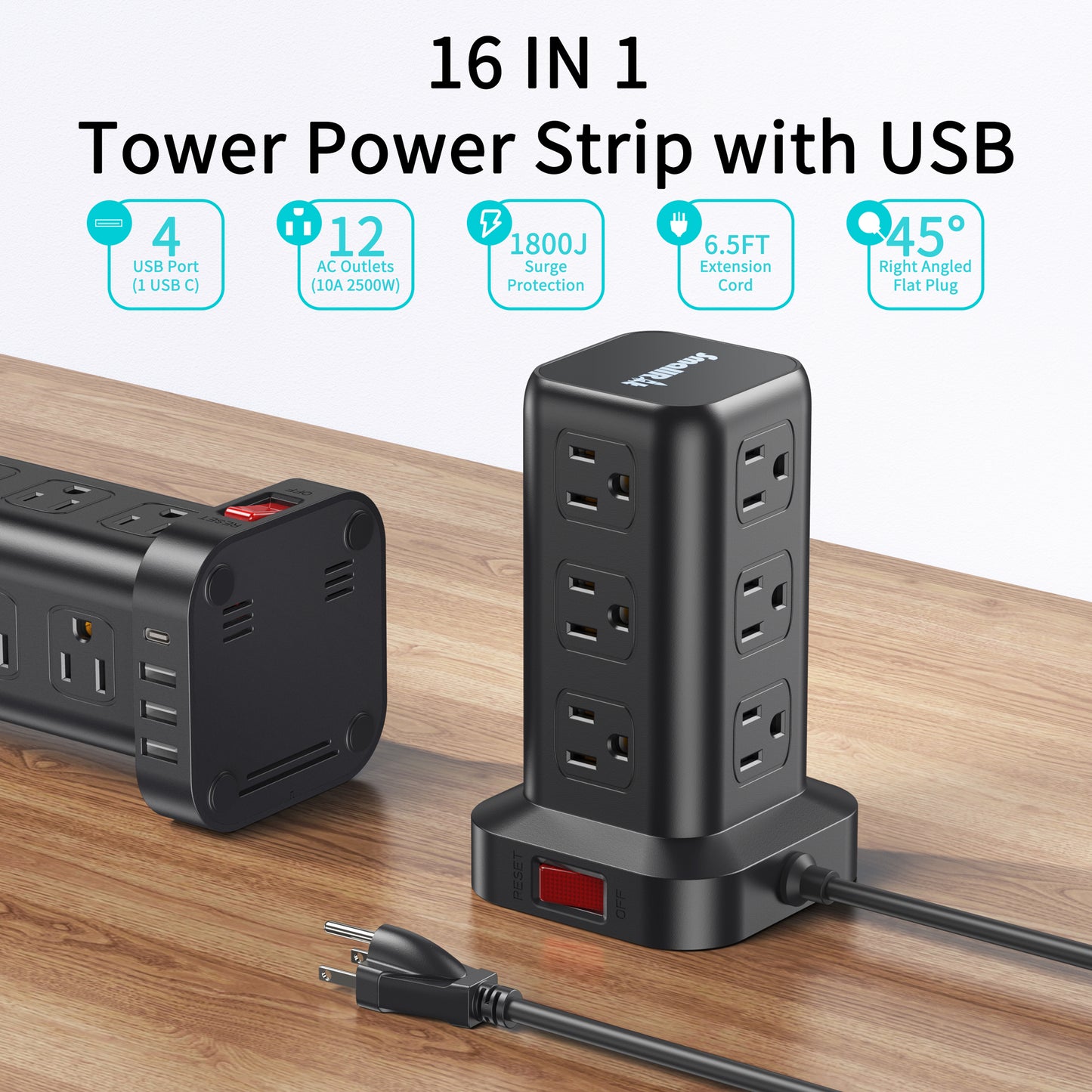 SMALLRT Power Strip Tower 12 Outlets with 4 USB Ports Surge Protector Electric Charging Station 6.5ft Cord, Black