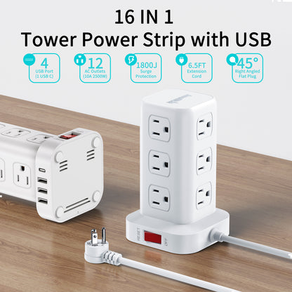 SMALLRT Power Strip Tower 12 Outlets with 4 USB Ports Surge Protector Electric Charging Station 6.5ft Cord, Black