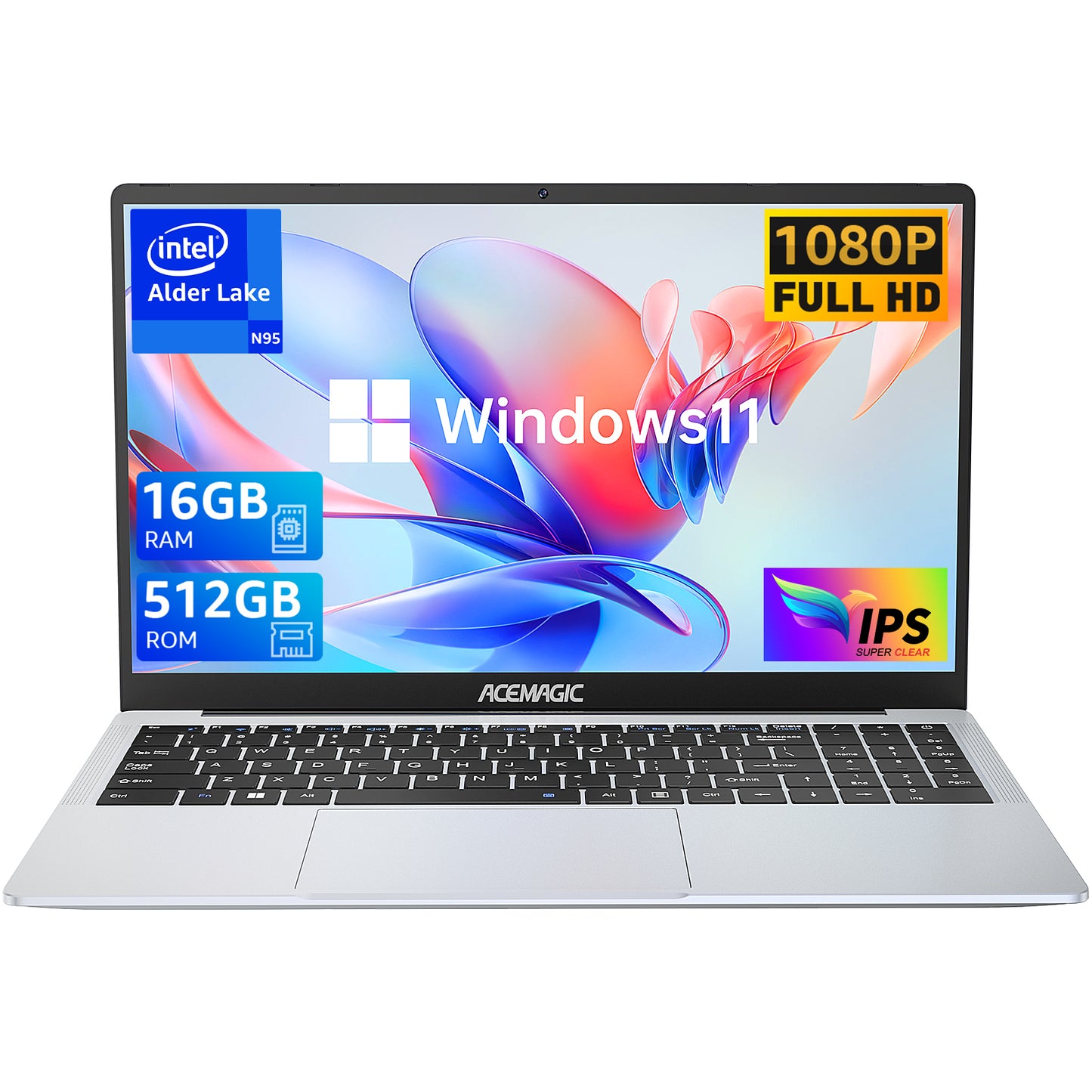 ACEMAGIC Laptop 15.6 FHD 16GB DDR4 512GB SSD, Intel Quad-Core 12th Alder Lake N95(Up to 3.4GHz) with Windows 11 Pro PC, Light Metal Laptop Computers Support 2.4G/5G WiFi, BT5.0, 2×Speaker, Mic, USB3.2