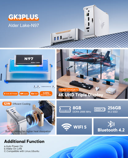 KAMRUI GK3 Plus Mini PC with Windows 11, 8GB RAM 256GB M.2 SSD,12th Alder Lake N97 (up to 3.6GHz) Micro PC, 2.5''SSD, Gigabit Ethernet, 4K UHD, WiFi 5, BT4.2, VESA/Home/Business Mini Desktop Computer