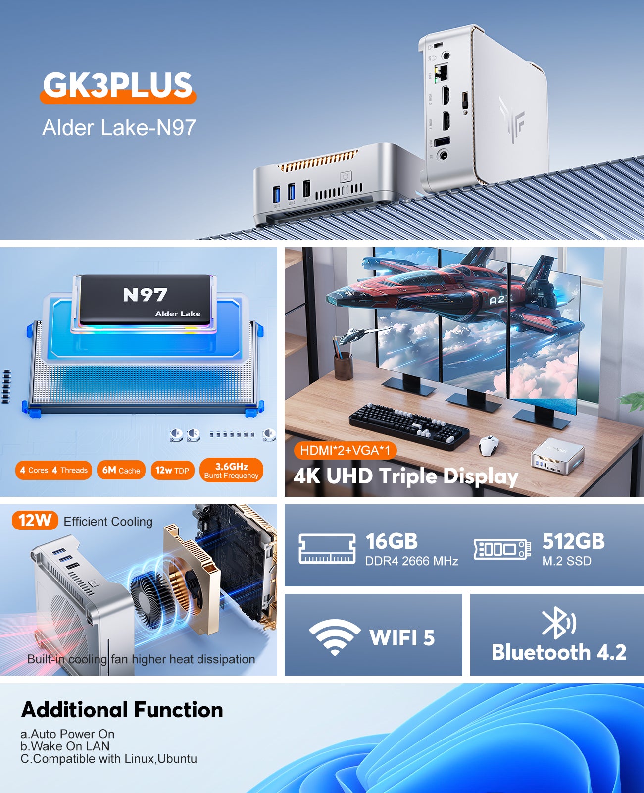 KAMRUI GK3Plus Mini PC, 12th Gen Alder Lake- N97(up to 3.6GHz), 16GB DDR4 RAM 512GB M.2 SSD, Mini Computer Support 4K Display/USB3.0/WiFi 5/BT4.2/Gigabit Ethernet Mini PC Windows 11 for Home/Office