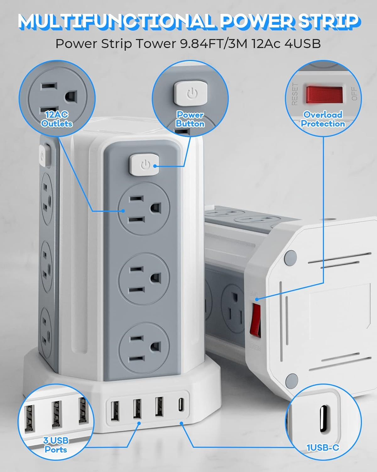 Homultuin Power Strip Surge Protector 12 AC Outlets 4 USB Ports (1 USB C) Power Strip with USB 10 FT Extension Cord Power Strip Tower Overload Protection, Outlet Surge Protector Suitable for Home Office