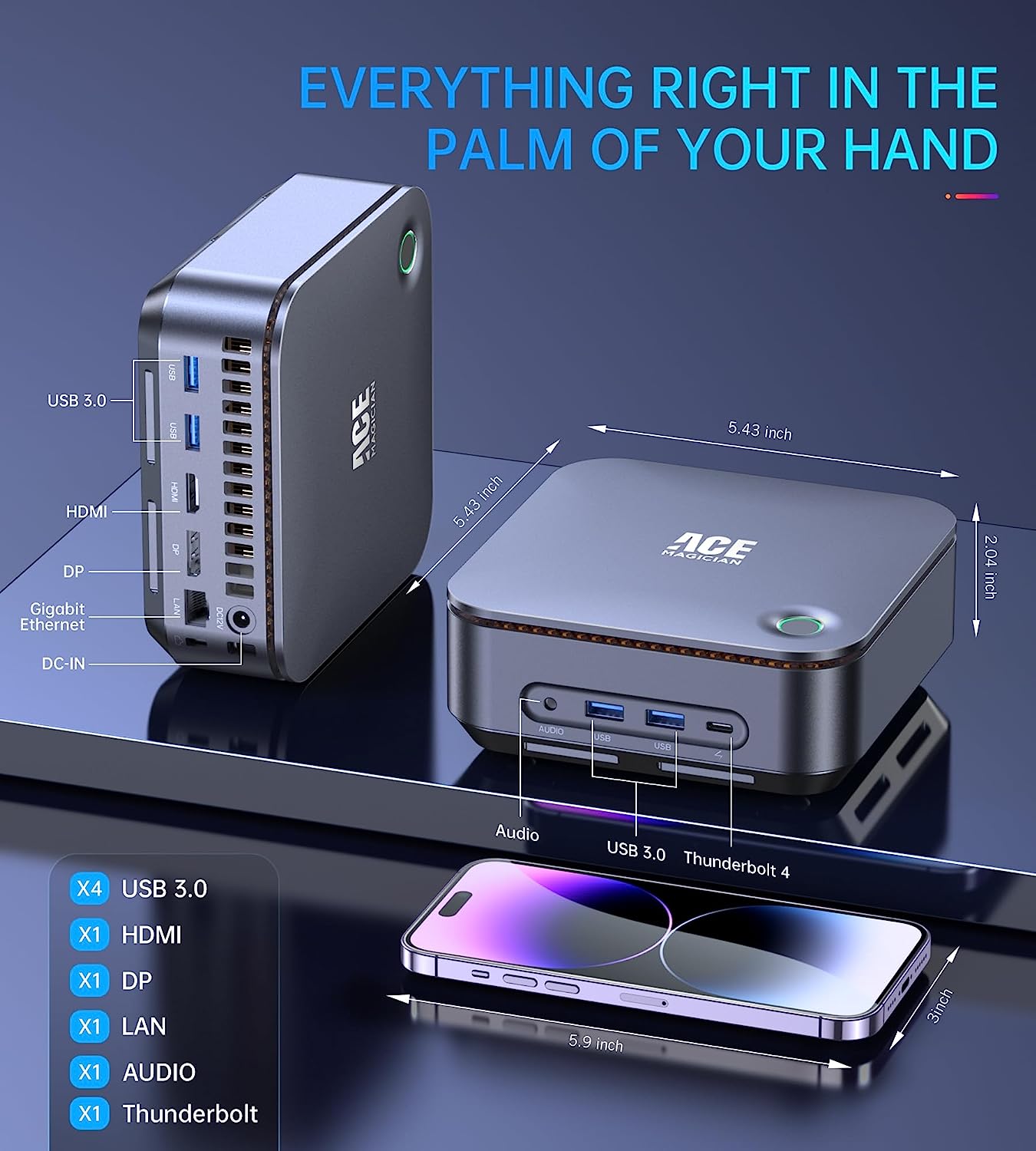 Mini PC with Speaker, Intel i7 11390H(4C/8T, up to 5.0GHz) 16GB