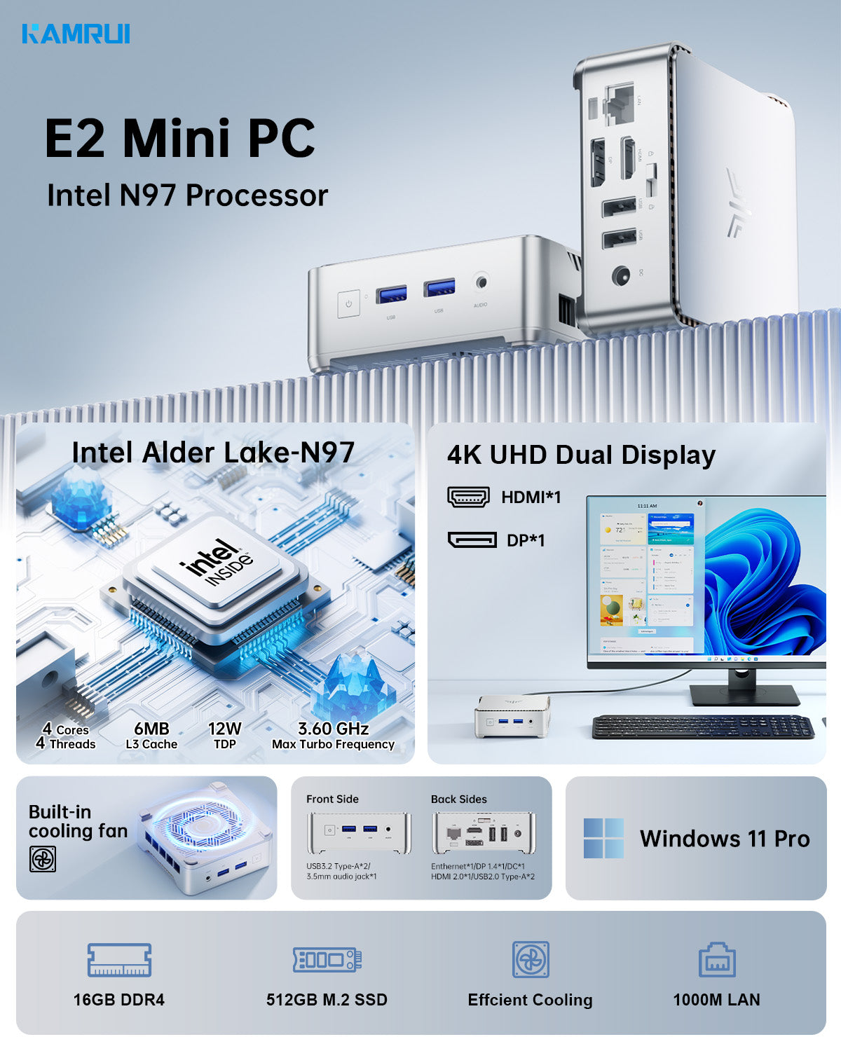 KAMRUI E2 Mini PC 11 Pro, 12th Gen Alder Lake- N97(up to 3.6GHz) Micro PC(Beat N150), 16GB RAM 512GB M.2 SSD, Mini Computer Support 4K Display/USB3.2/WiFi/BT/Gigabit Ethernet Mini PC