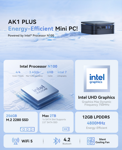 KAMRUI AK1PLUS Mini PC, 12GB LPDDR5 4800MHz 256GB M.2 SSD with N100 Processor, 4K Mini Desktop Computer with 2 HDMI, Support WiFi 5, BT 4.2 for Office, Home