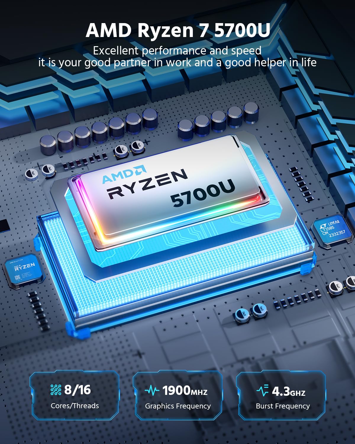 KAMRUI Mini PC Ryzen 7 5700U(8C/16T, up to 4.3GHz)