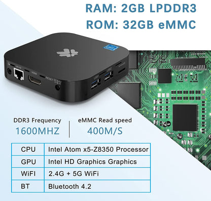 Mini PC Windows 10 Pro Intel Atom Z8350 2GB DDR3 32GB eMMC,Mini Computer with Mini Desktop PC Support 4K HD, 2.4G/5G WiFi, Bluetooth 4.2, Home Office